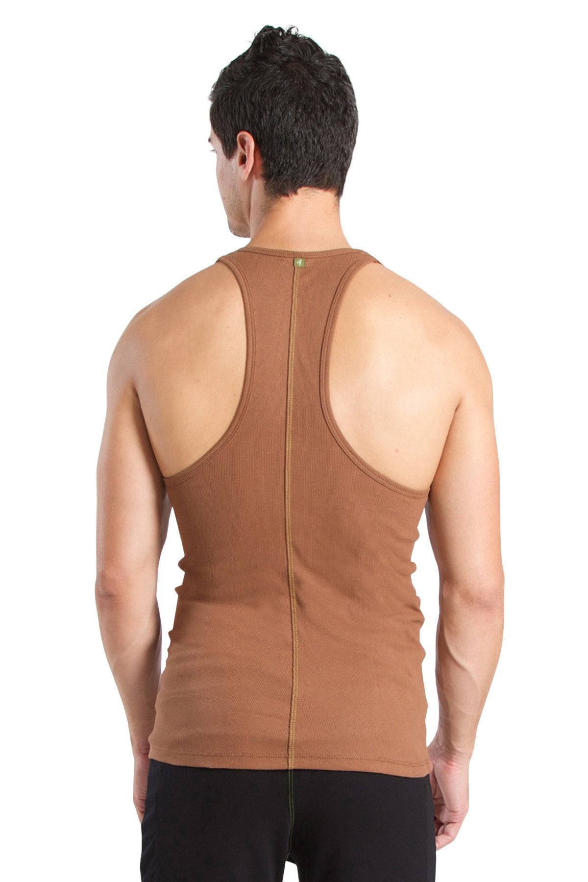 Back view of a chocolate brown racer-back yoga tank top with a central zipper detail for easy wear