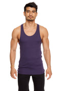 Purple sleeveless racer-back yoga tank top with rounded neckline and fitted silhouette for activewear