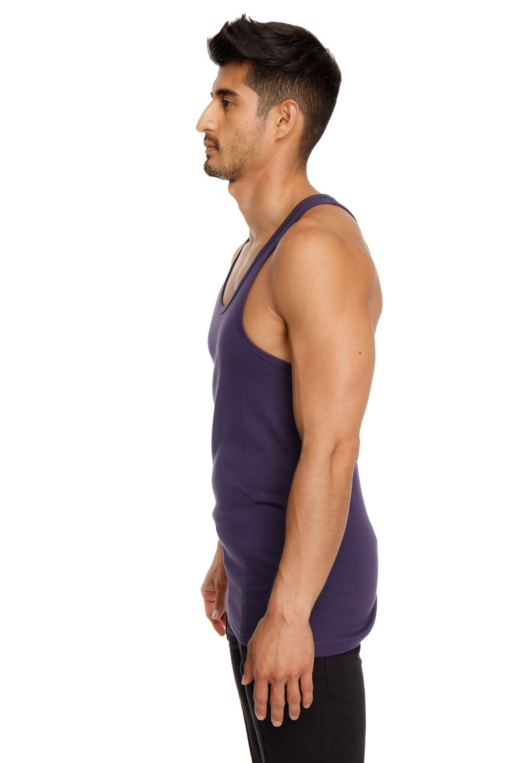 A sleek deep purple sleeveless racer-back yoga tank top shown from the back with a classic racerback design