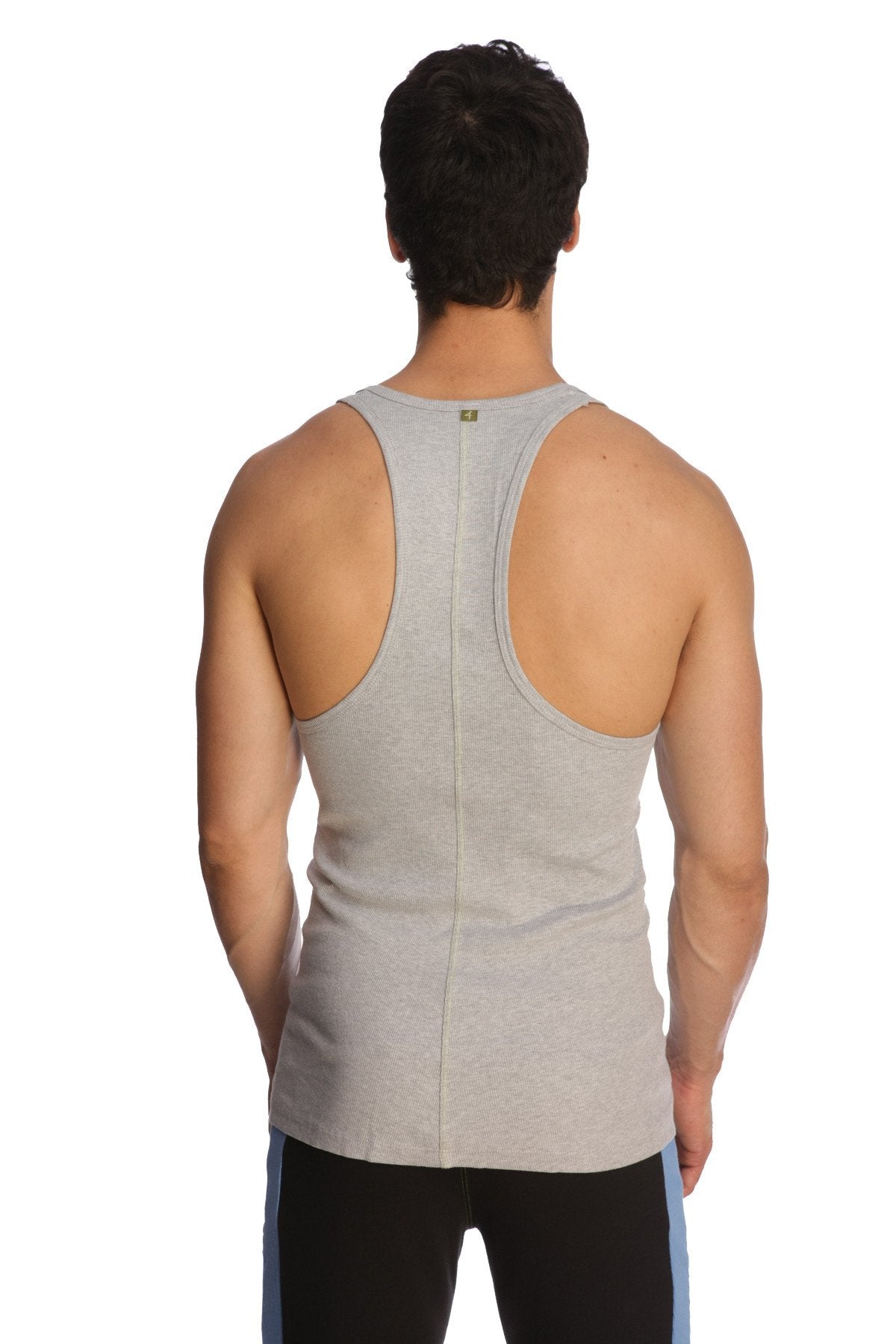 Back view of gray heathered racer-back yoga tank top with central seam designed for activewear comfort