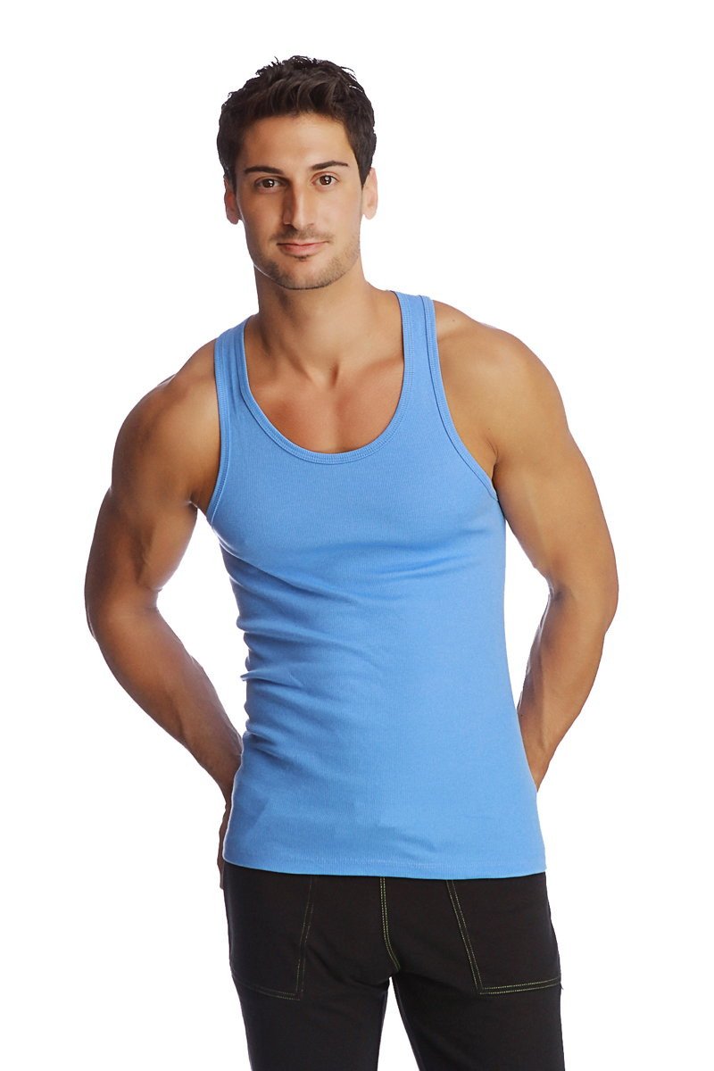 A light blue sleeveless racer-back yoga tank top with a rounded neckline and simple design for comfortable workouts