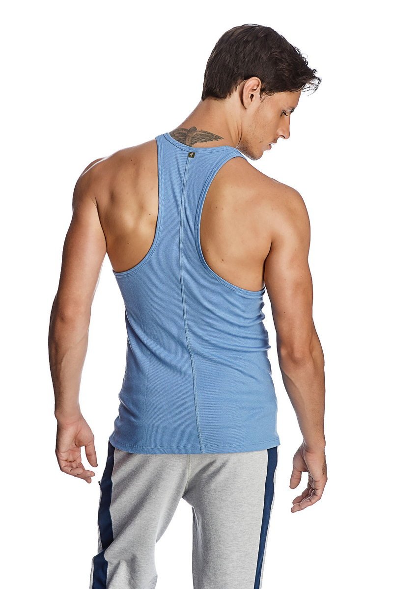 Light blue ribbed cotton racer-back yoga tank top showing the back side with a racerback design