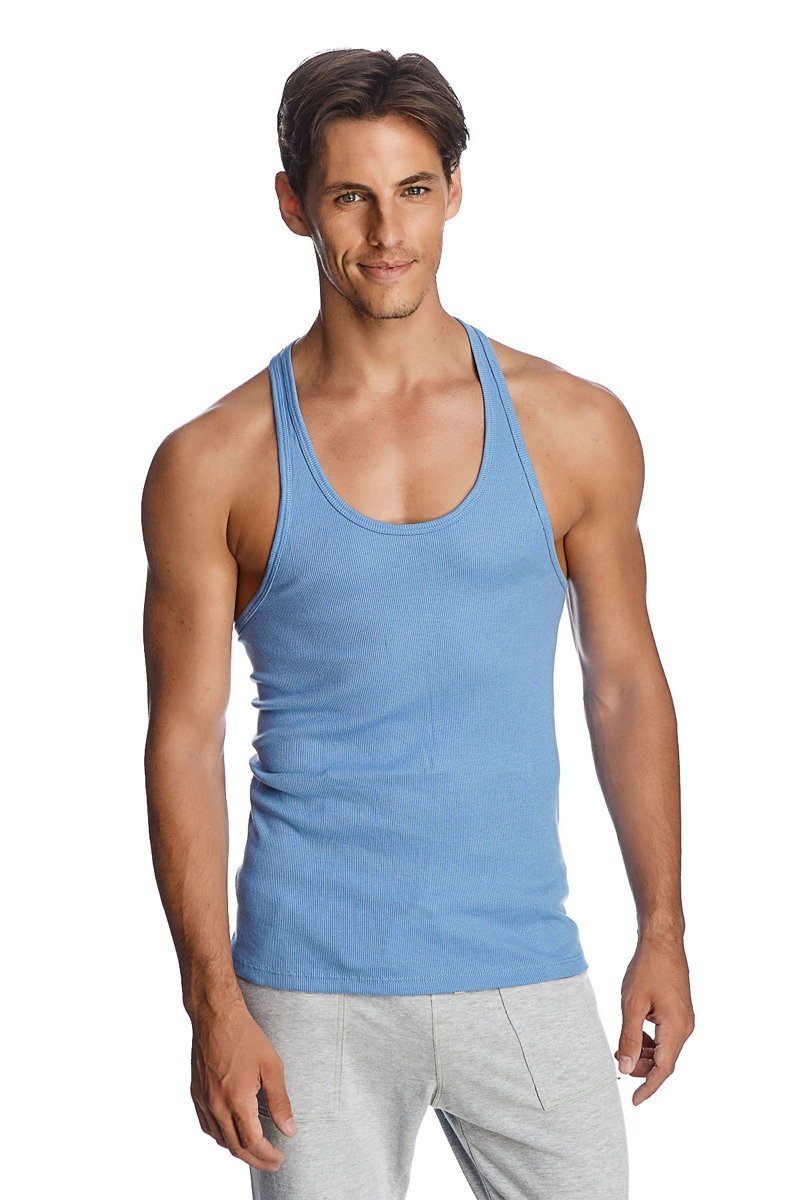 Light blue ribbed cotton racer-back yoga tank with classic scoop neckline and thin shoulder straps