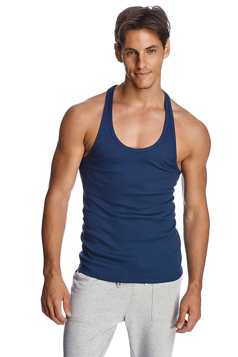 Navy blue racer-back yoga tank top with ribbed trim and rounded neckline ideal for workout sessions