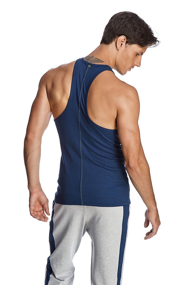 Navy blue racer-back yoga tank with back zipper and seam detailing for athletic wear shown from the back side