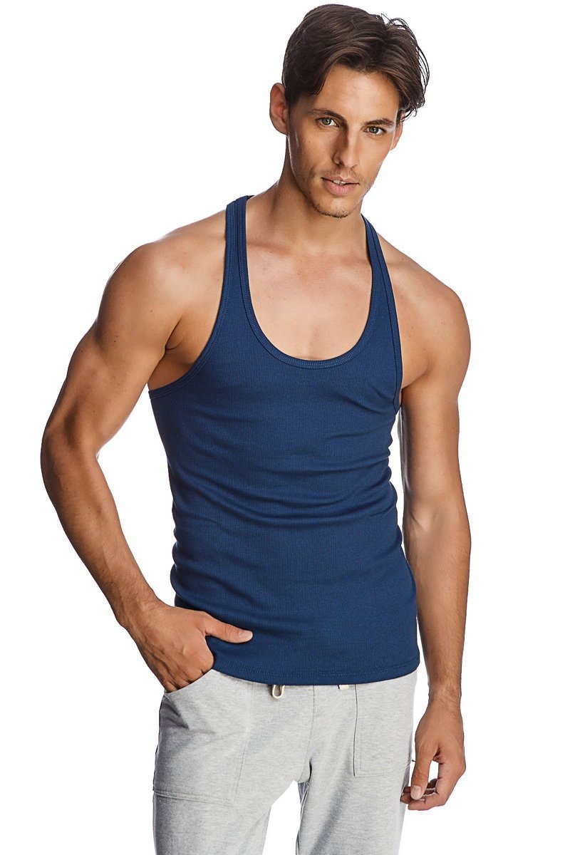 A navy blue fitted racerback yoga tank top with rounded neckline and ribbed trim ideal for workouts