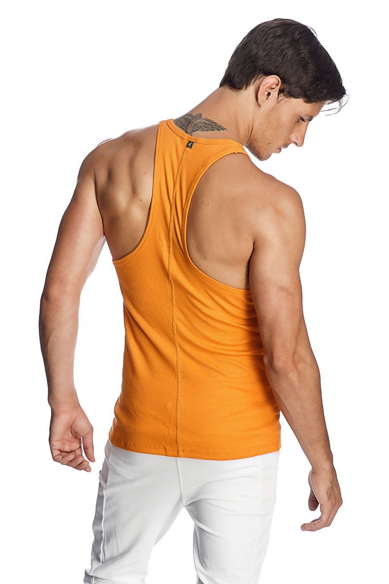 Back view of sun orange racer-back yoga tank with a small black logo near the neckline and sleeveless design