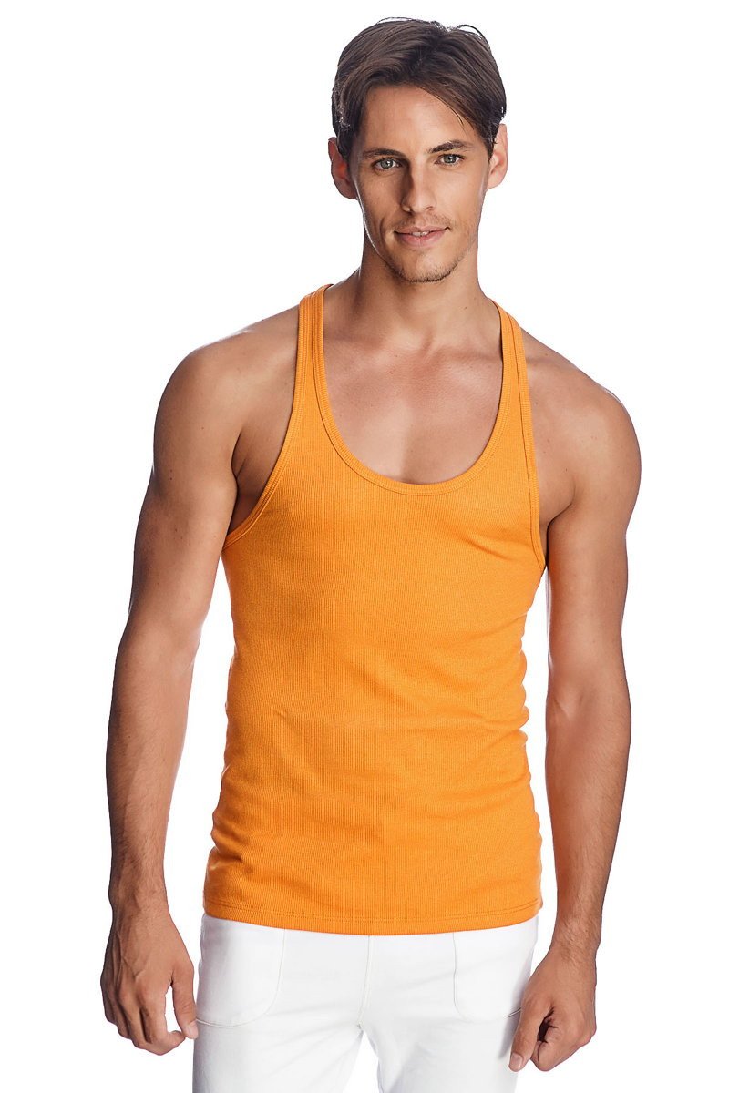 Orange ribbed racer-back yoga tank top made from breathable fabric for comfortable workout wear