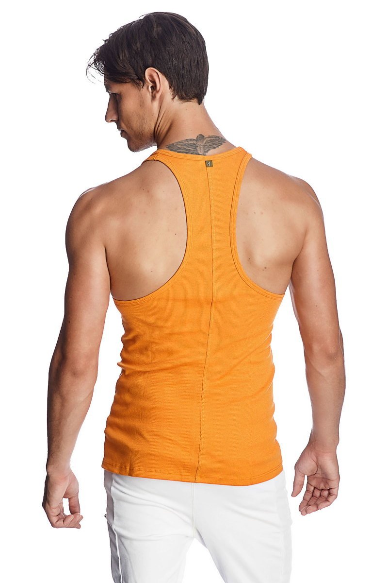 Orange ribbed racerback yoga tank top made of breathable fabric shown from the back for active wear