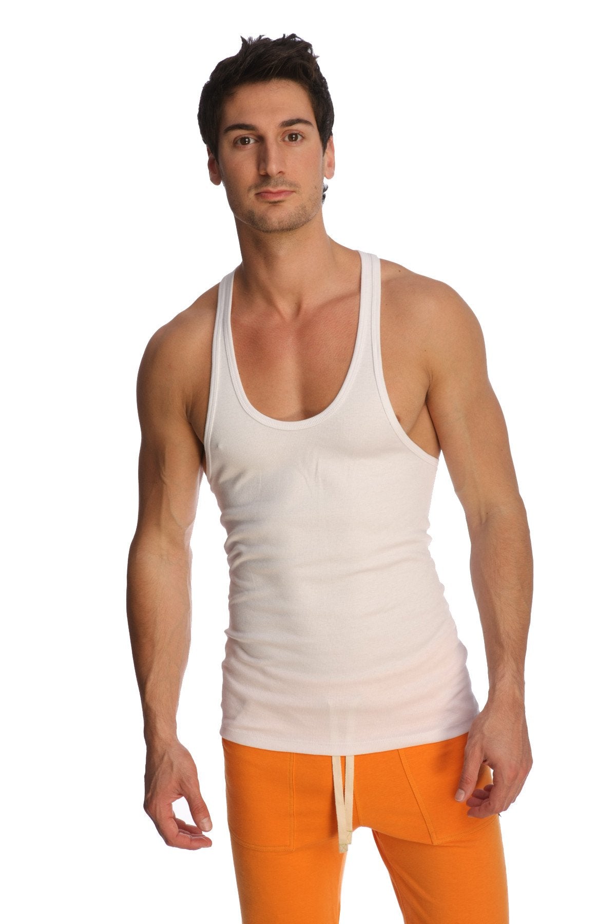 White cotton racer-back yoga tank with scoop neckline and thin shoulder straps perfect for workouts
