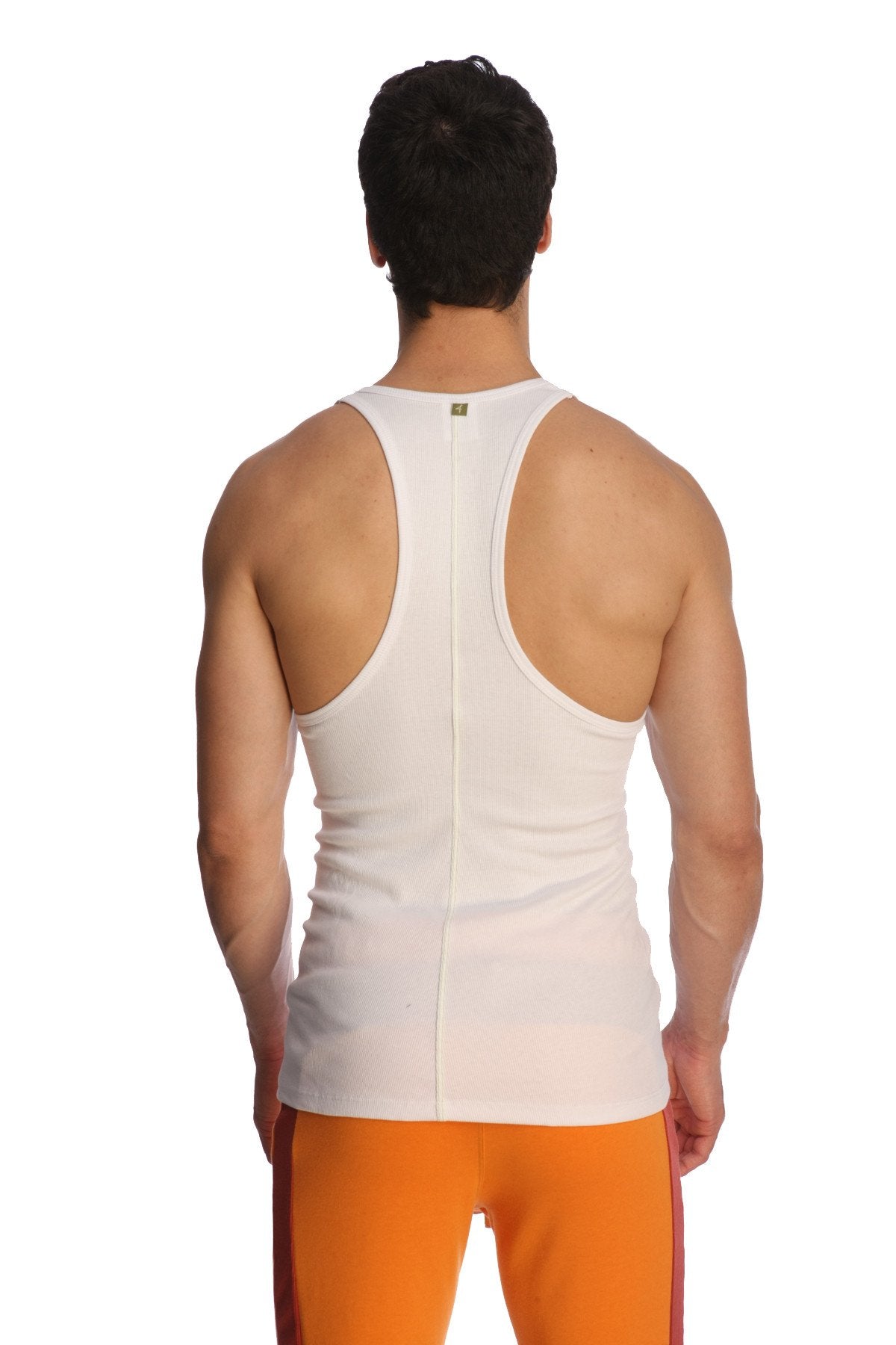 Back view of a white racer-back yoga tank top with a central zipper for easy wear and breathability