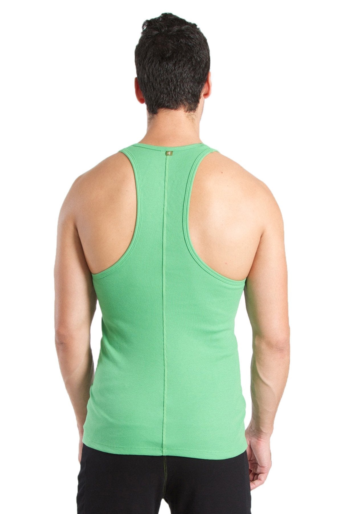 Back view of a vibrant bamboo green ribbed racerback yoga tank top with central zipper and subtle logo at neckline