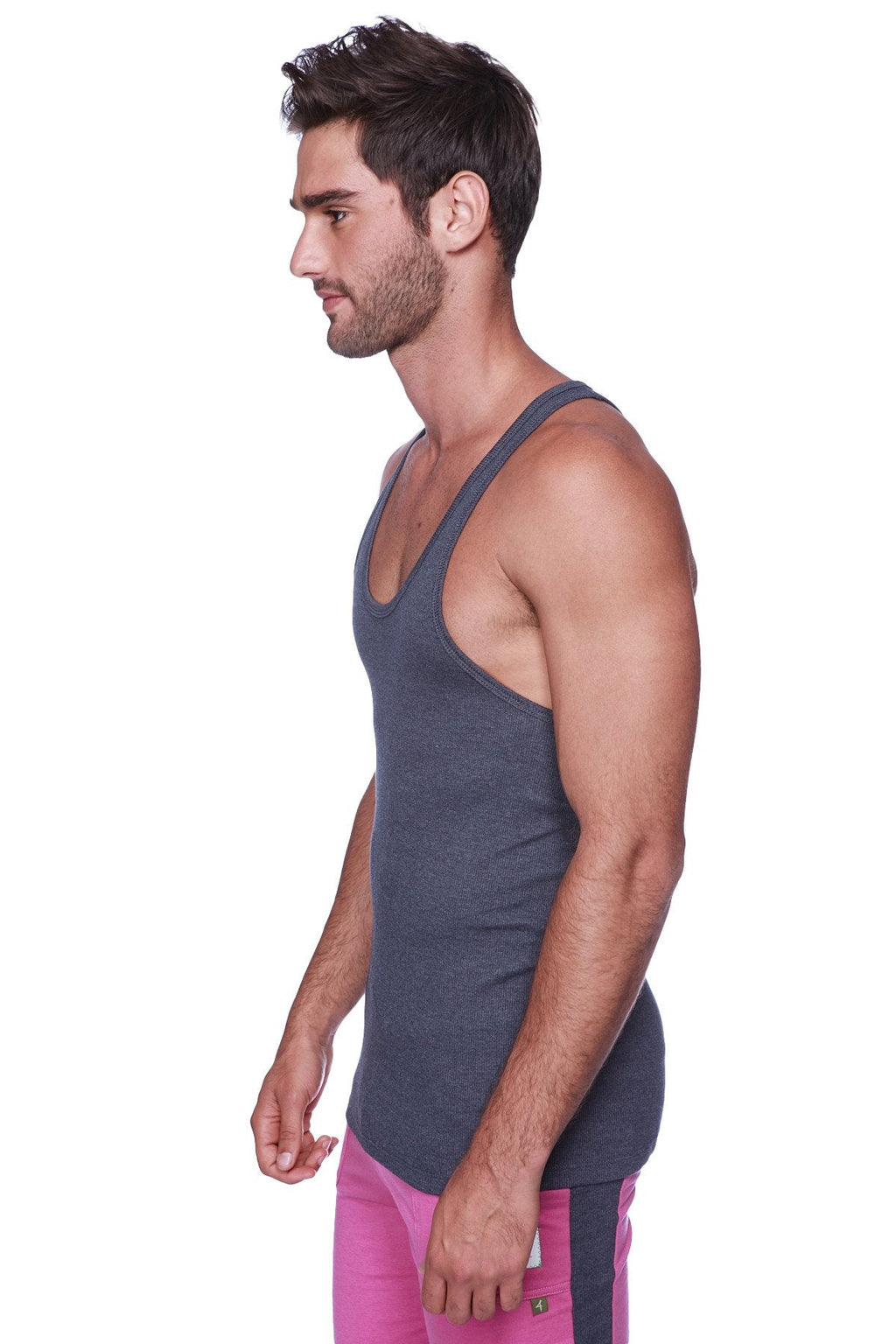 A dark gray fitted racerback yoga tank top with a subtle textured weave shown from the back