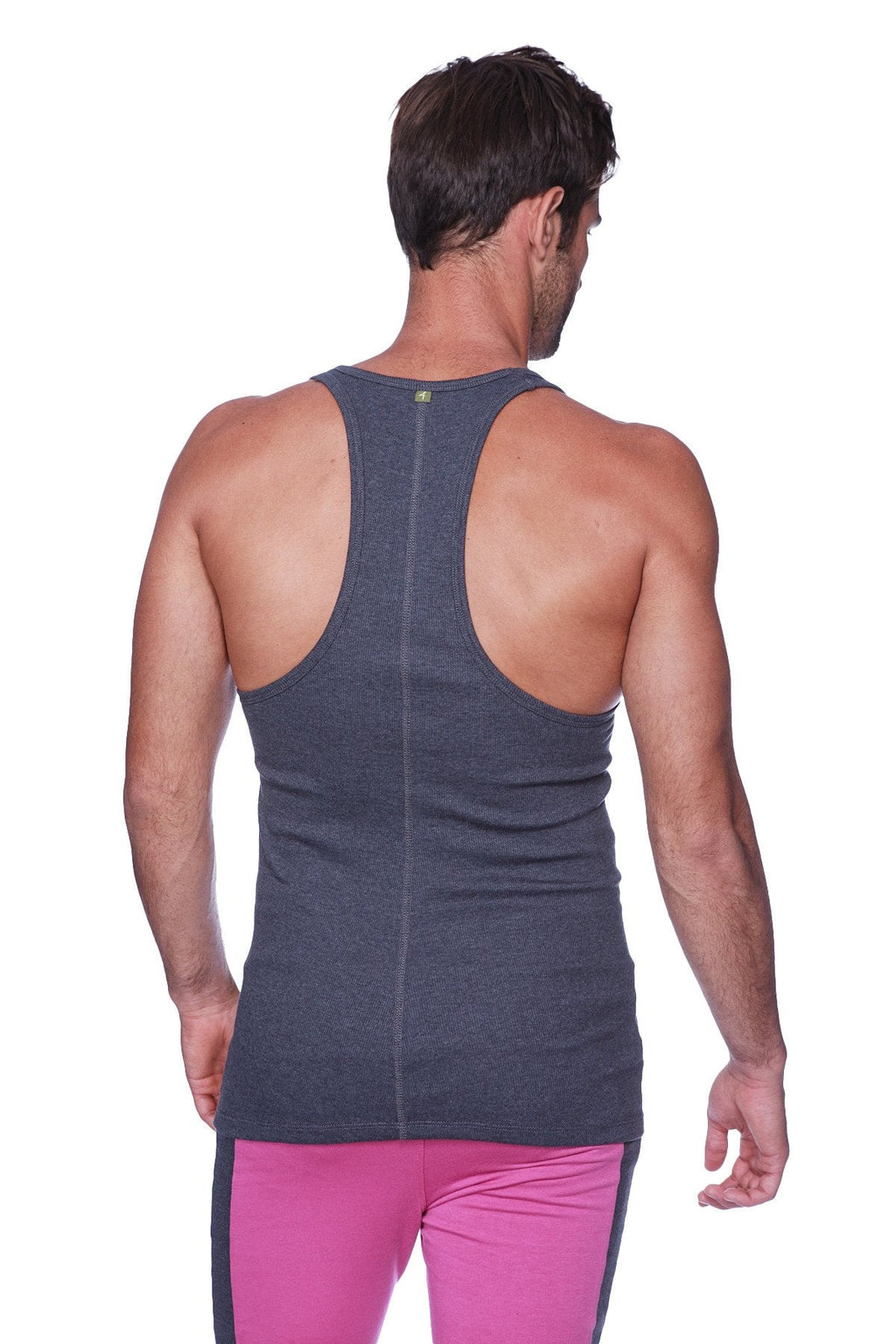 Dark gray textured racerback yoga tank top in charcoal with subtle vertical seam down the center back