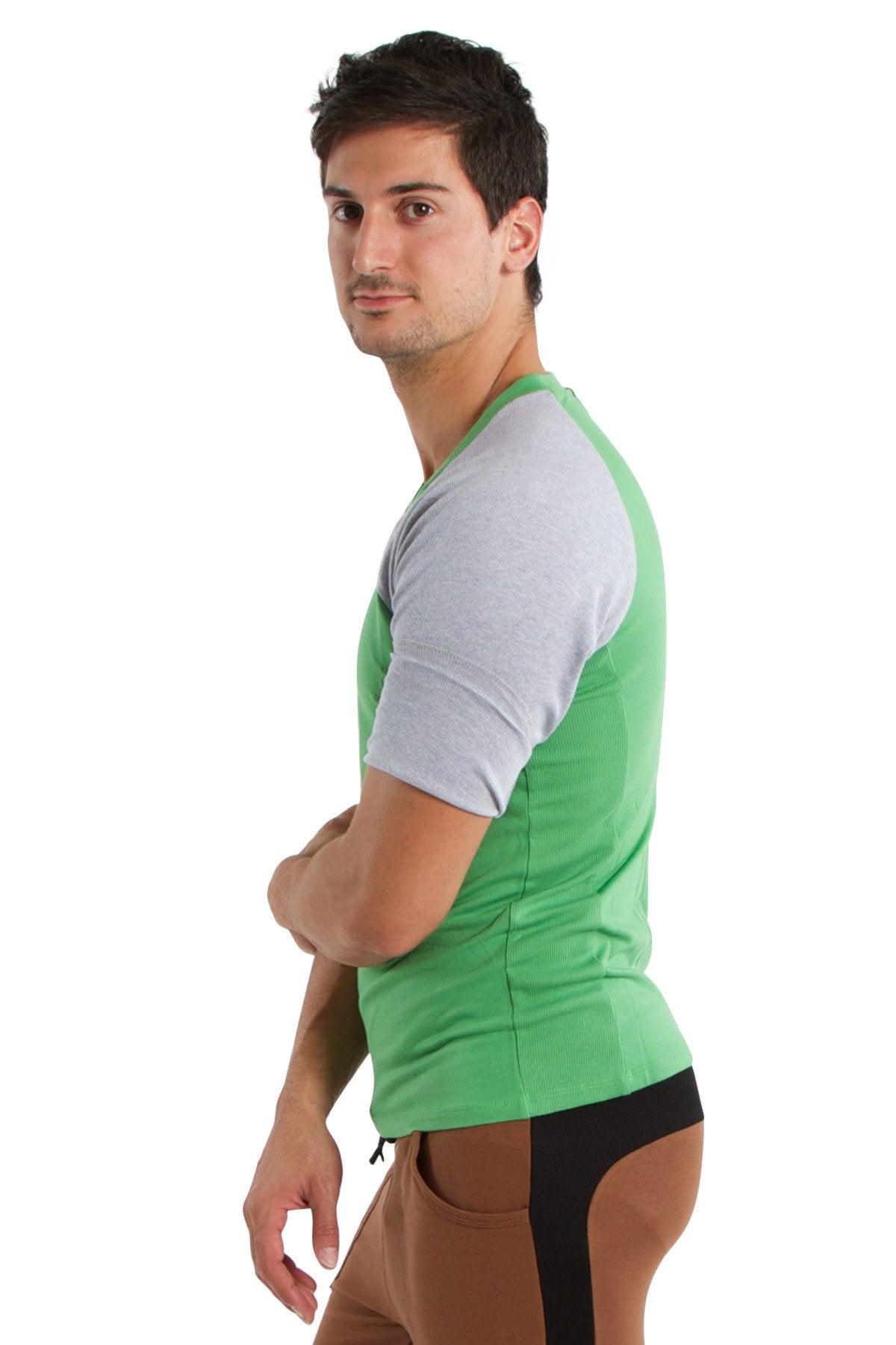 Green and gray raglan sleeve crew neck t-shirt made from bamboo fabric for comfortable casual wear