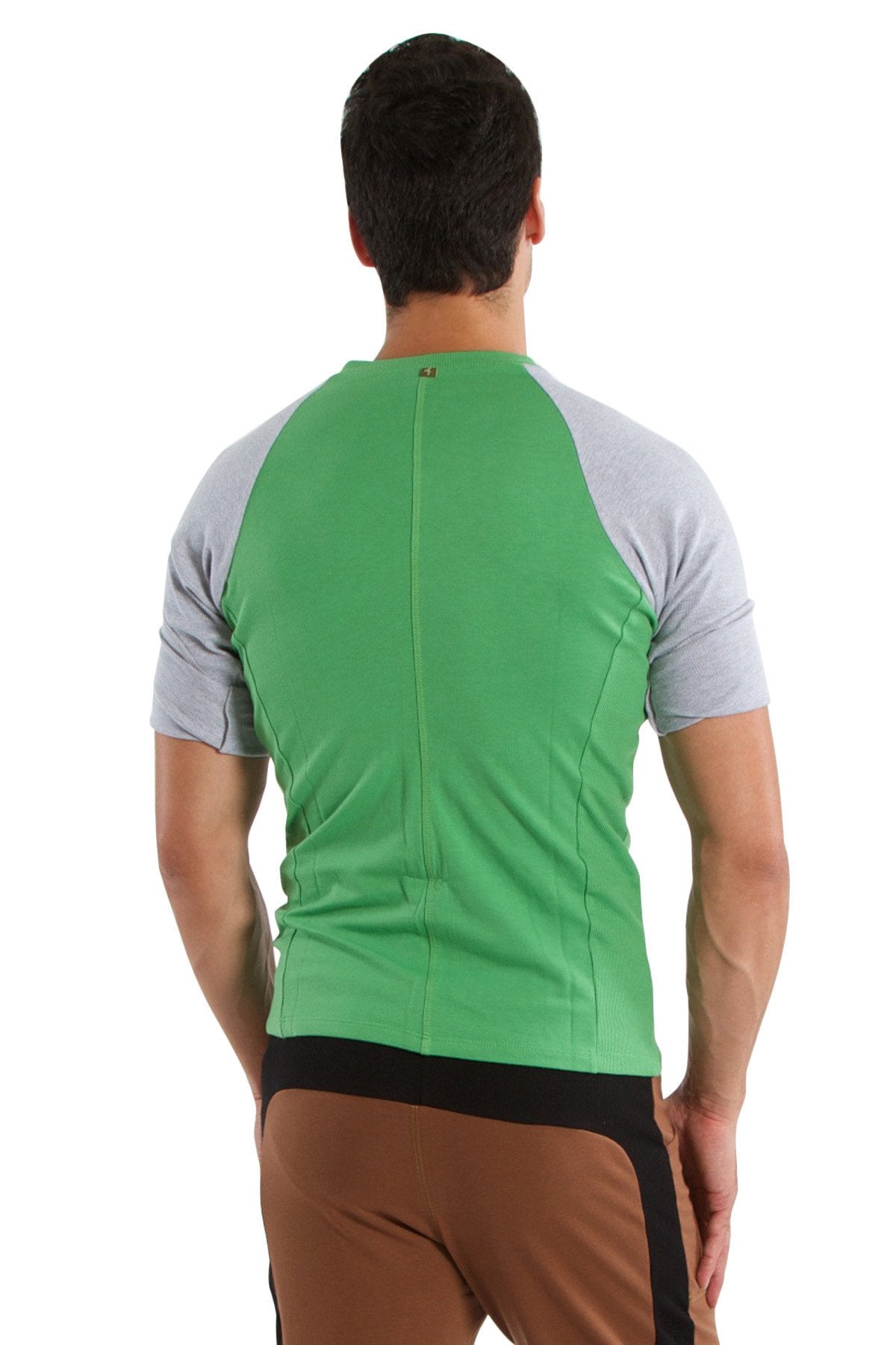 Green and gray raglan-sleeved athletic bamboo shirt with black waistband for active wear