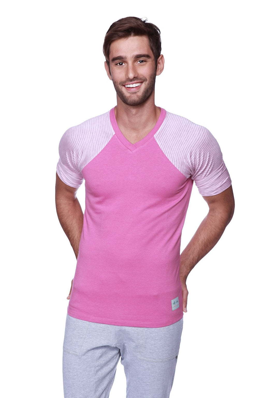 Pink and light purple raglan v neck t shirt with subtle ribbed texture on shoulders in berry with pink and grey stripe