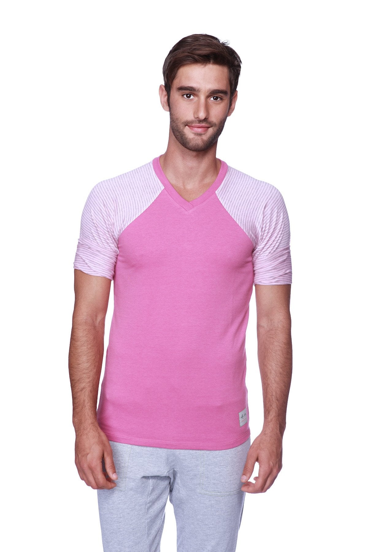 Pink v-neck t-shirt with pink and grey striped raglan sleeves in soft fabric for casual wear