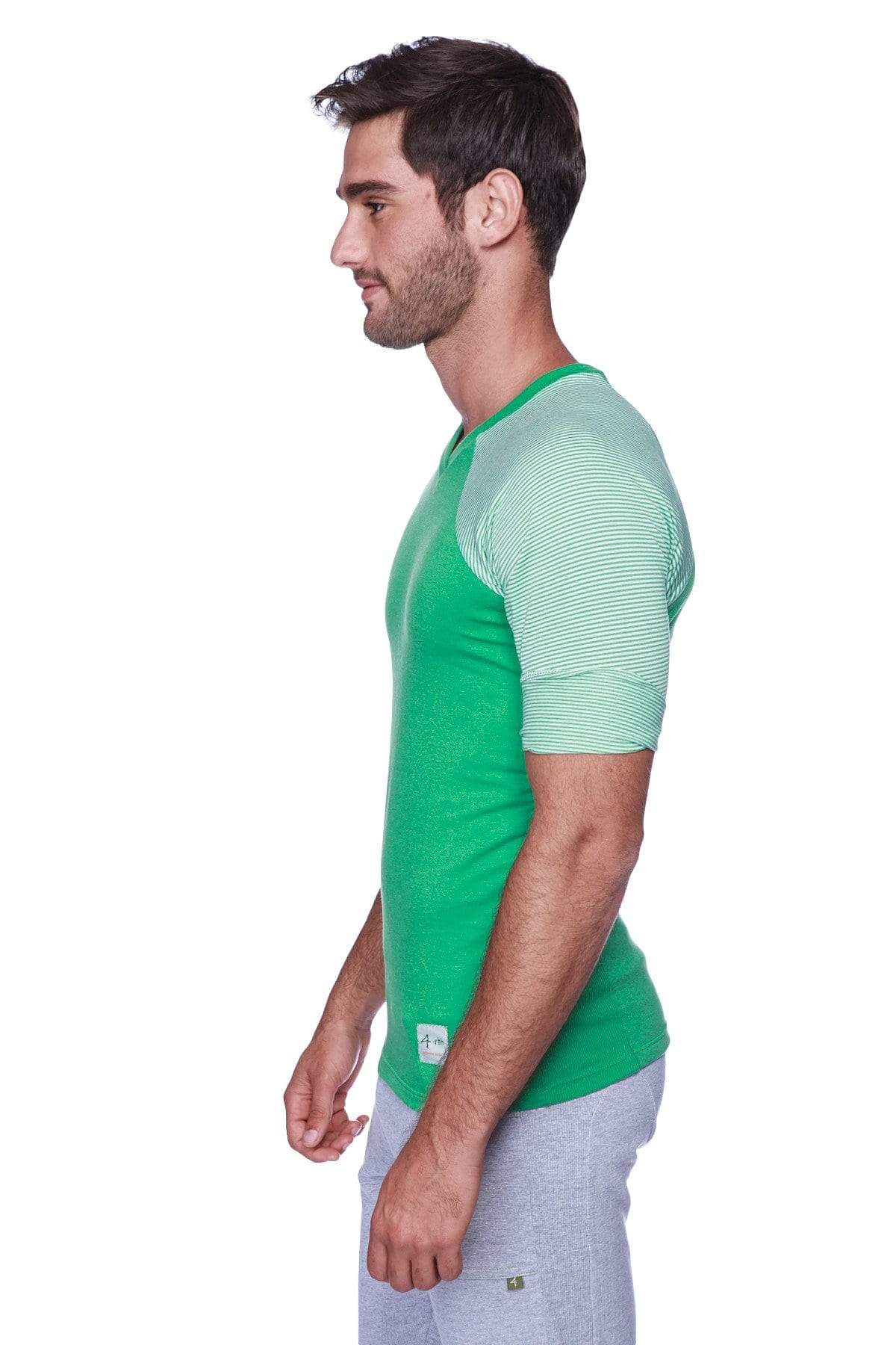 Green raglan virtual crew neck t-shirt with light green and white striped baseball-style sleeves for casual wear