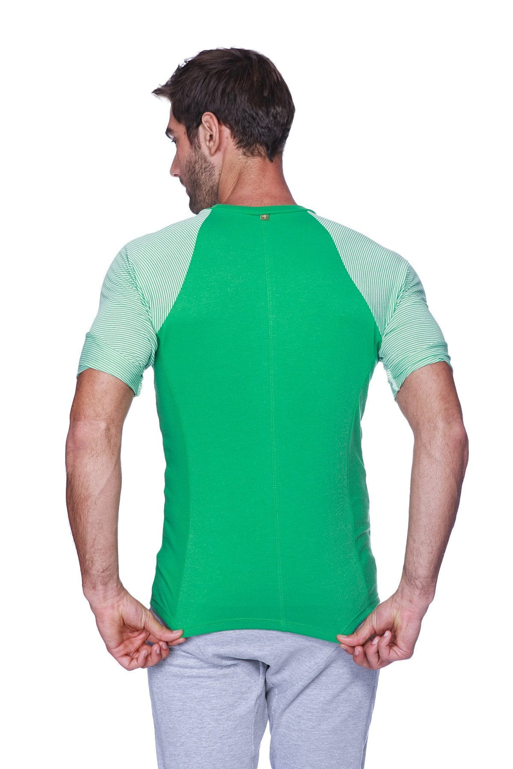 Green and light green striped raglan sleeve t-shirt with crew neck perfect for casual wear