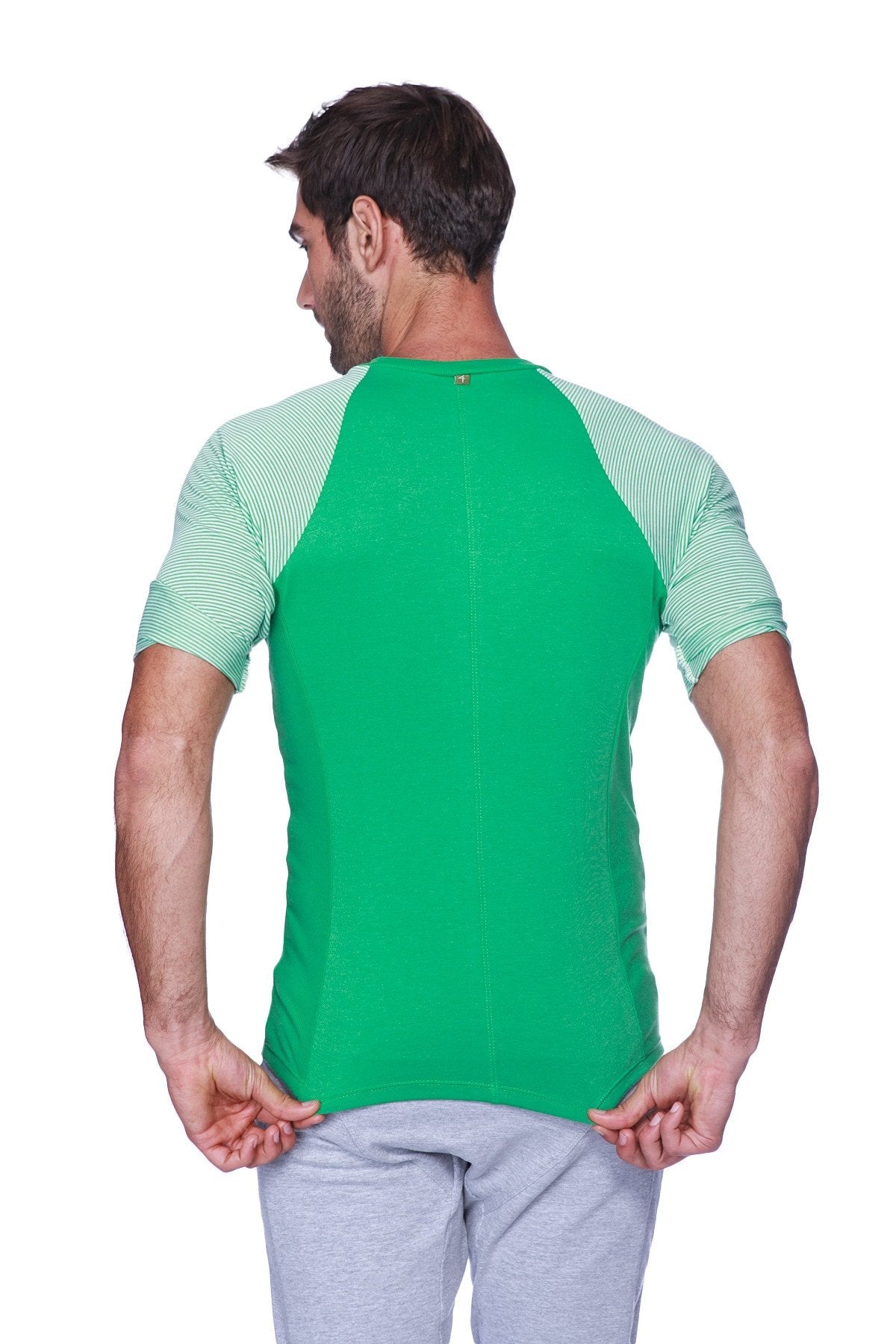 Green and light green striped raglan sleeve t-shirt with crew neck perfect for casual wear
