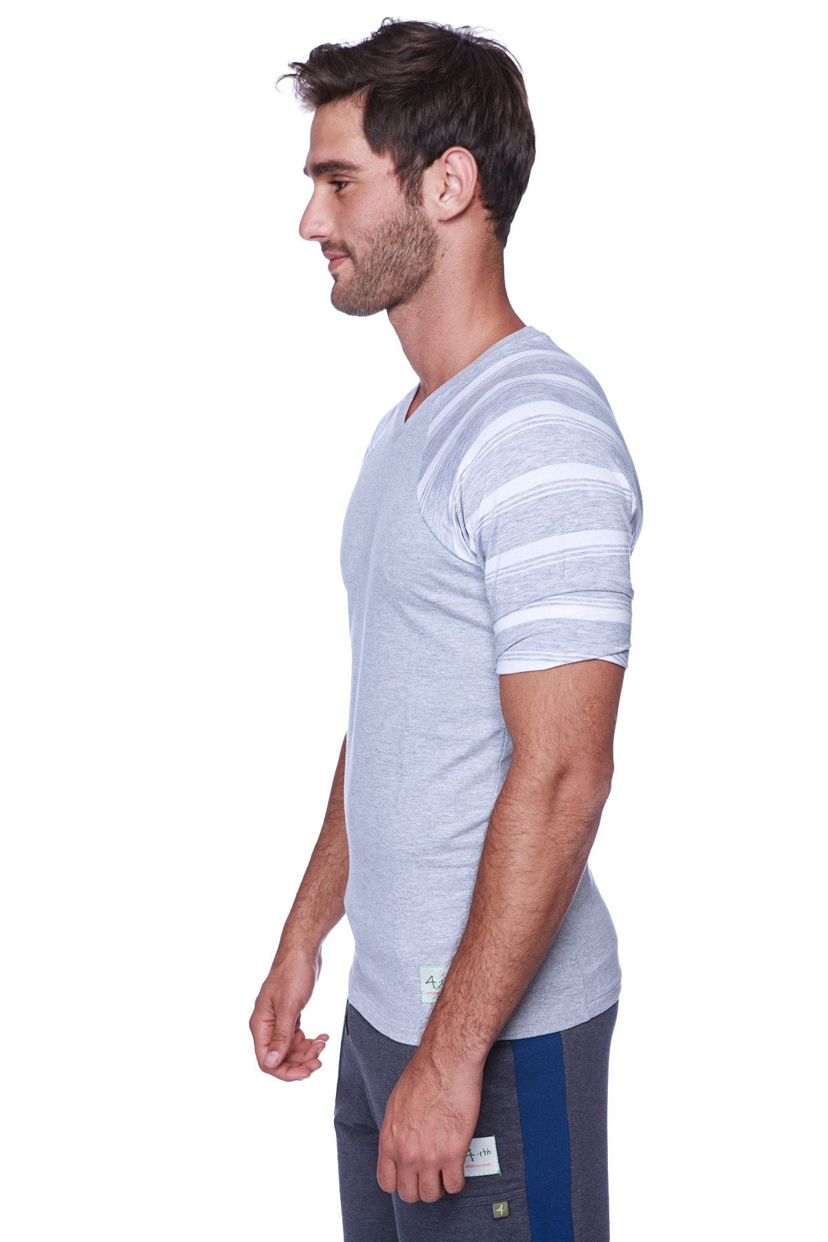 Light gray v-neck raglan virtual crew neck t-shirt with horizontal white stripes on sleeves for casual wear