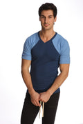 A navy blue and light blue raglan sleeve v neck t shirt from raglan virtual crew neck royal blue collection