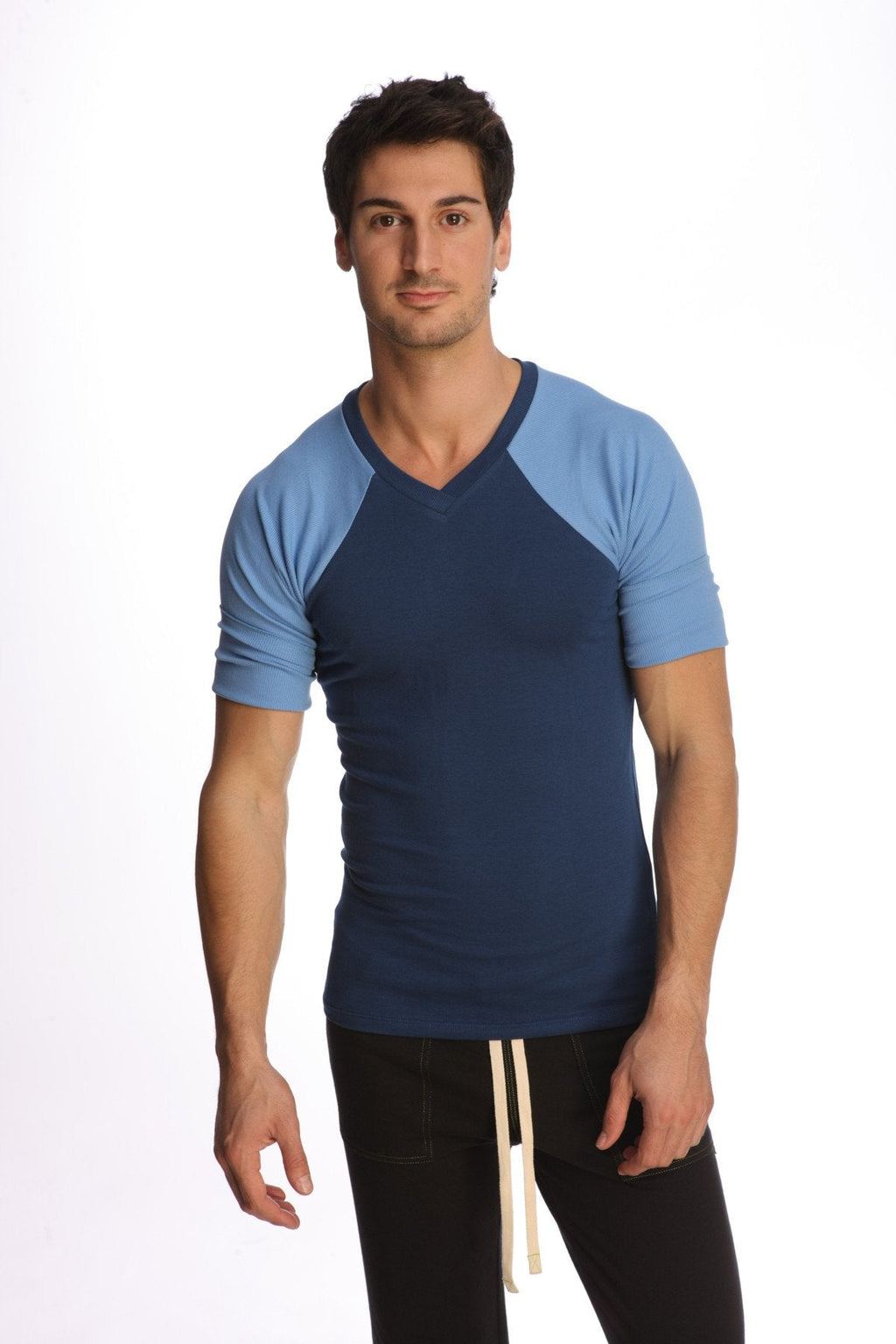 Raglan virtual crew neck t shirt in navy and light blue with ribbed texture and v neck design