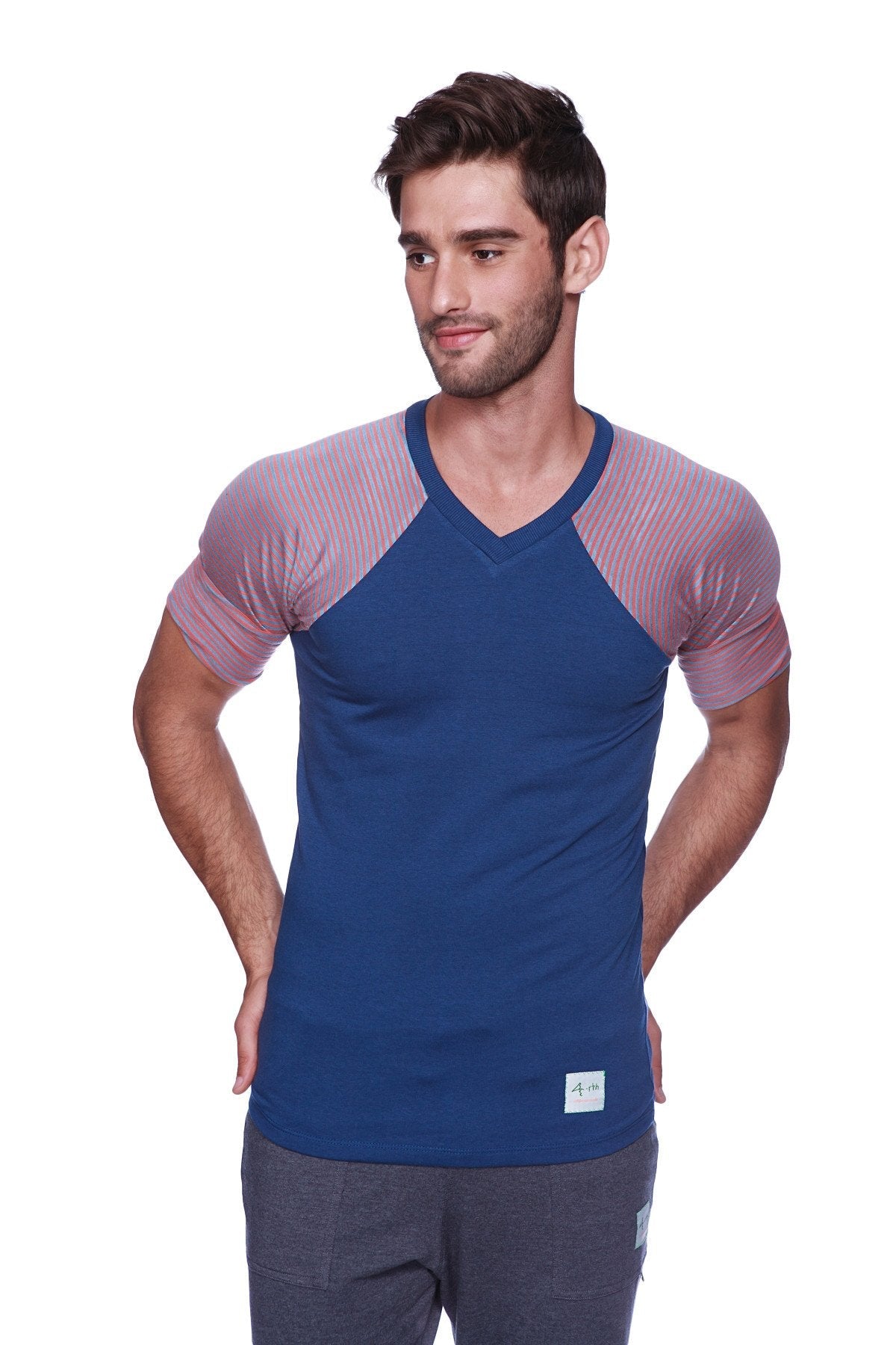 Blue and pink raglan sleeve v neck t shirt with ribbed texture on shoulders in royal blue with red and grey stripe