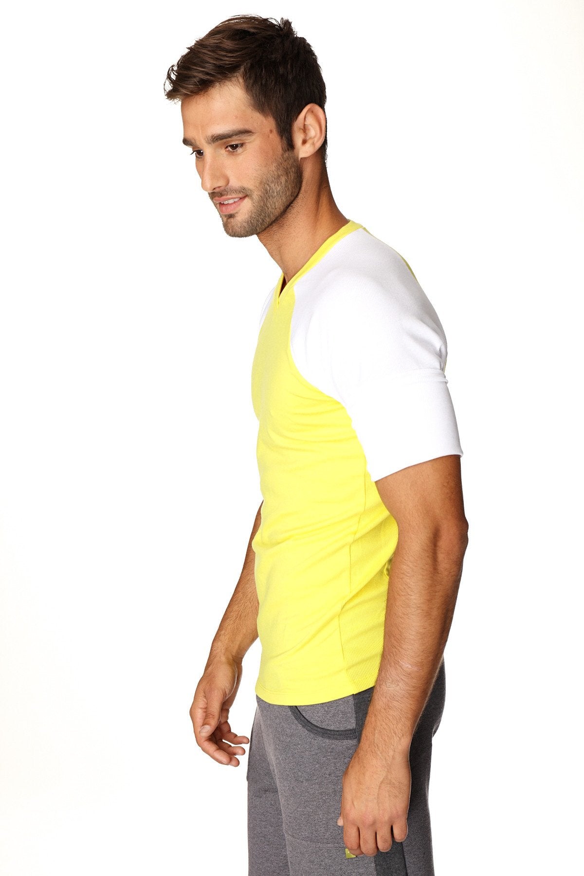 Bright yellow and white raglan virtual crew neck athletic tee with raglan sleeves for active wear