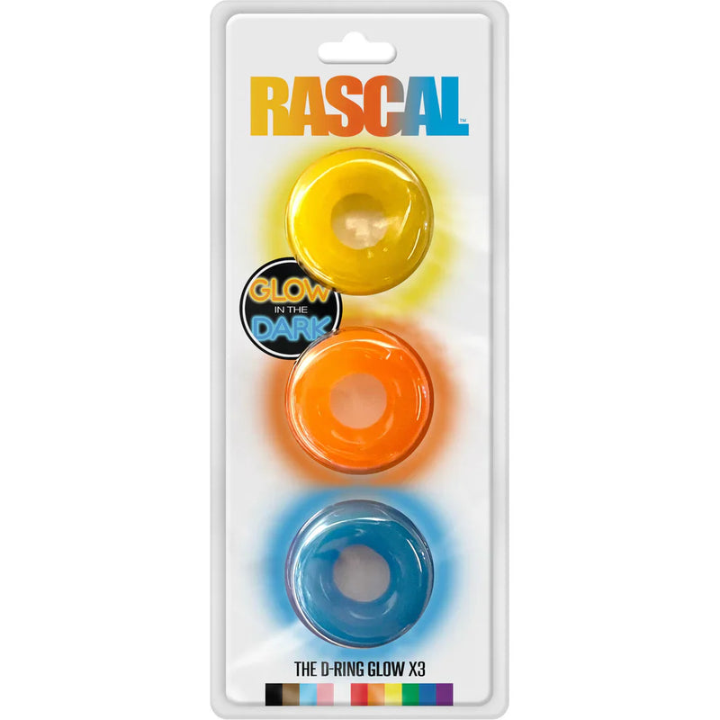 Set of three translucent glow in the dark d-rings in yellow orange and blue rascal the d-ring glow x3