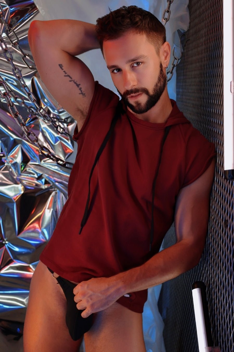 Renegade raw hoodie maroon sleeveless hoodie with black drawstrings casual lightweight activewear top