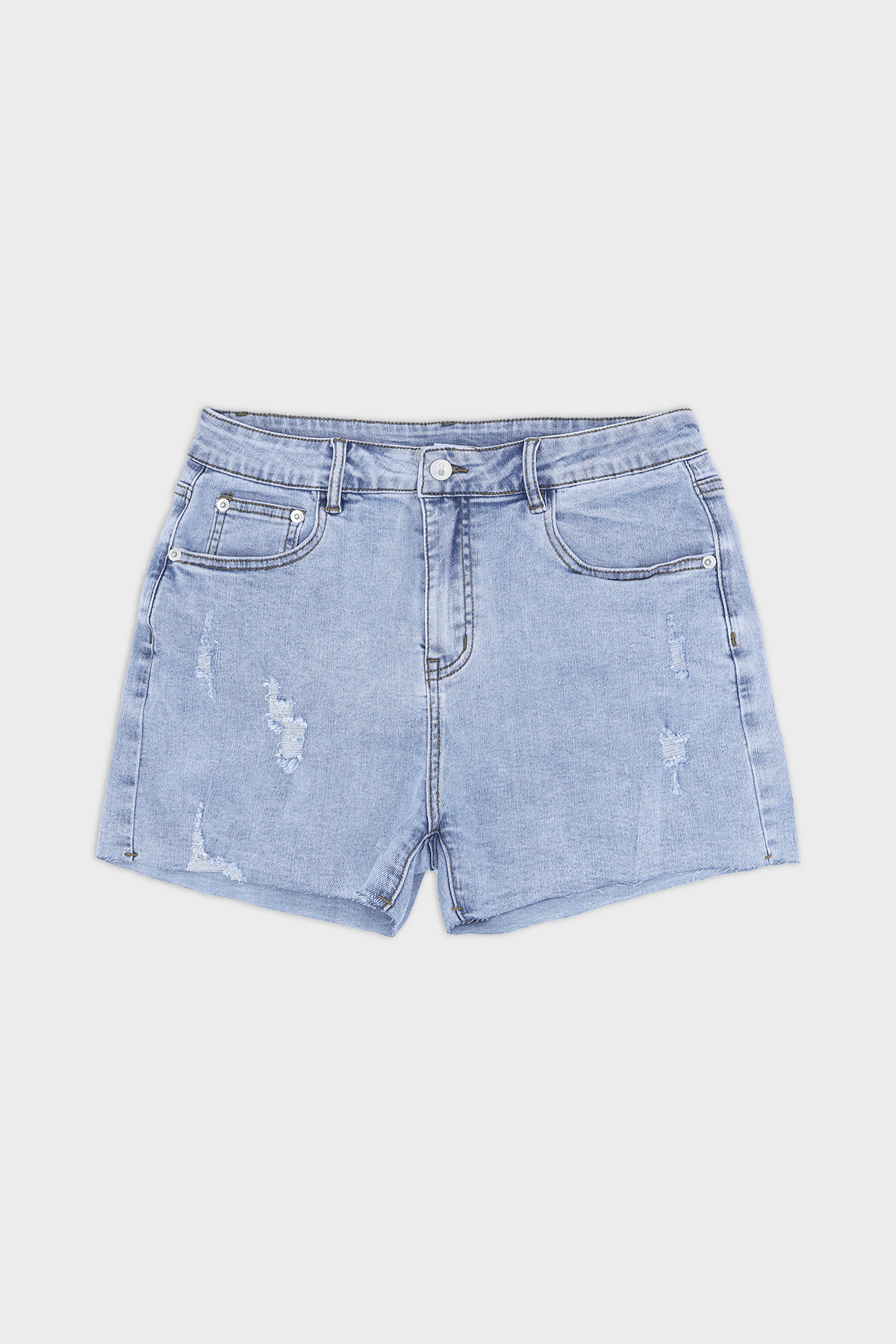 Rockstar raw cut 2.5 inch denim short shorts in capri blue light-wash with distressed frayed hem and five pockets