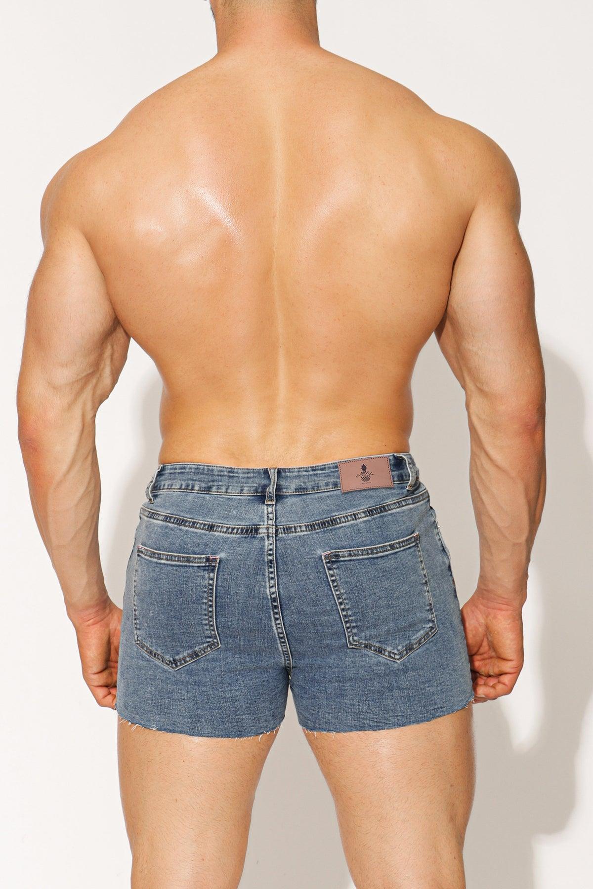 Rockstar raw cut 2.5 denim short shorts in washed blue denim with frayed hem and back pockets shown from the back