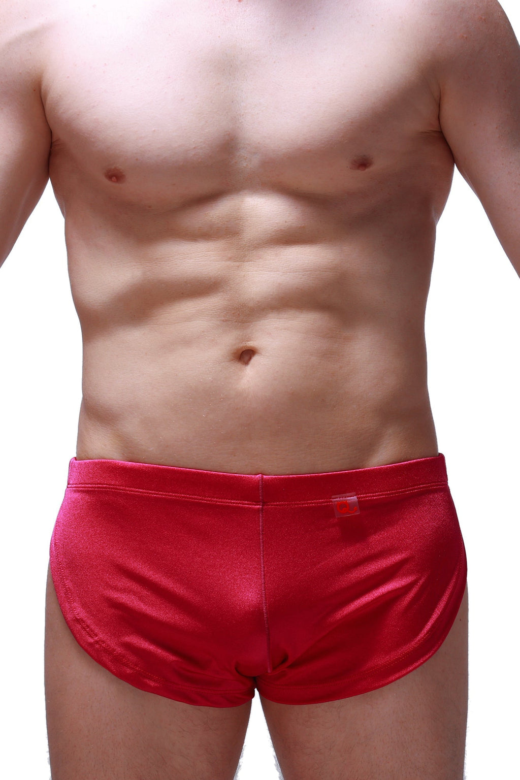 Running shorts joe framboise red satin briefs with smooth shiny finish and small red tag on waistband