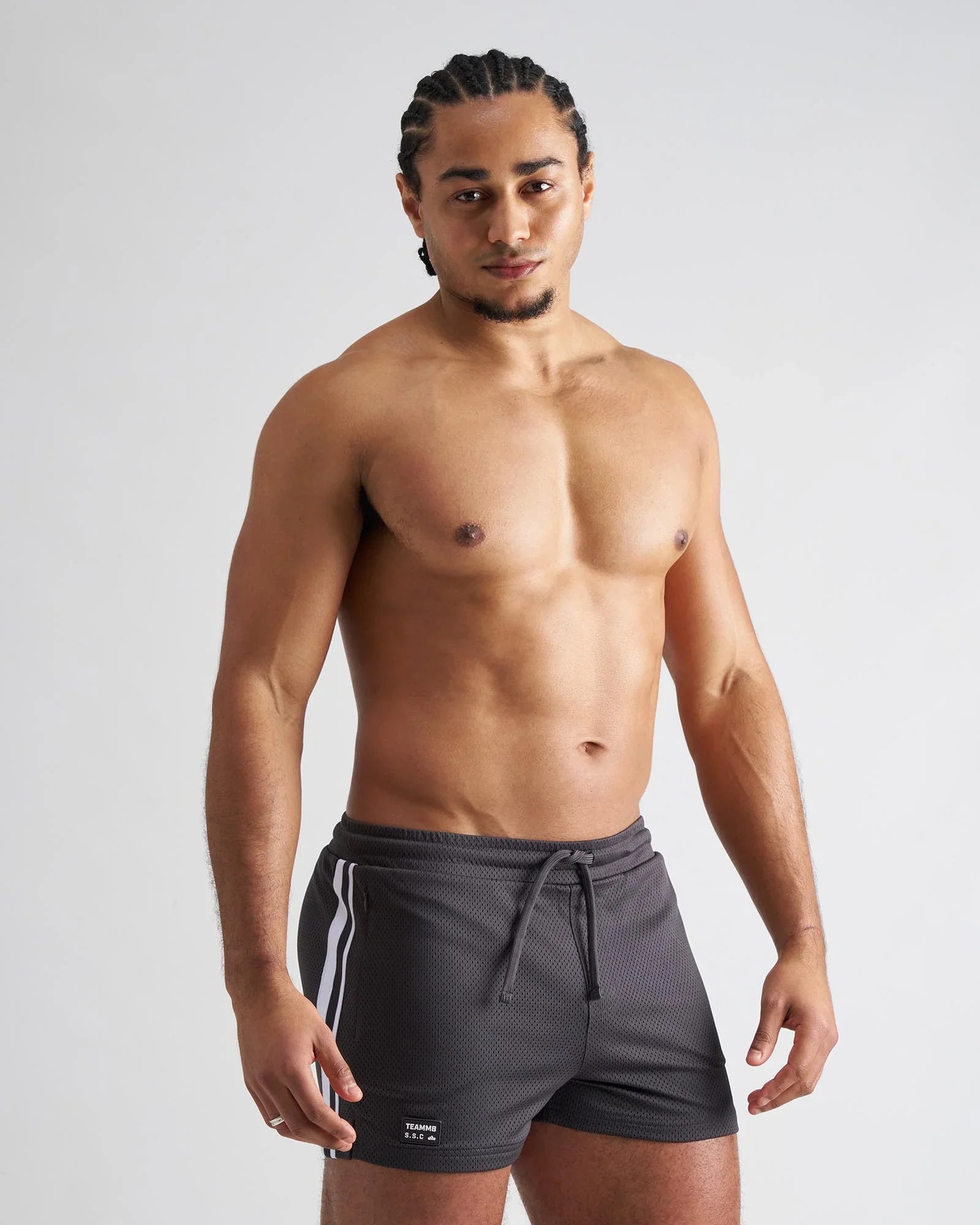 Dark gray s.s.c. fraternity 3 inch mesh shorts with white side stripes and drawstring waistband for athletic use