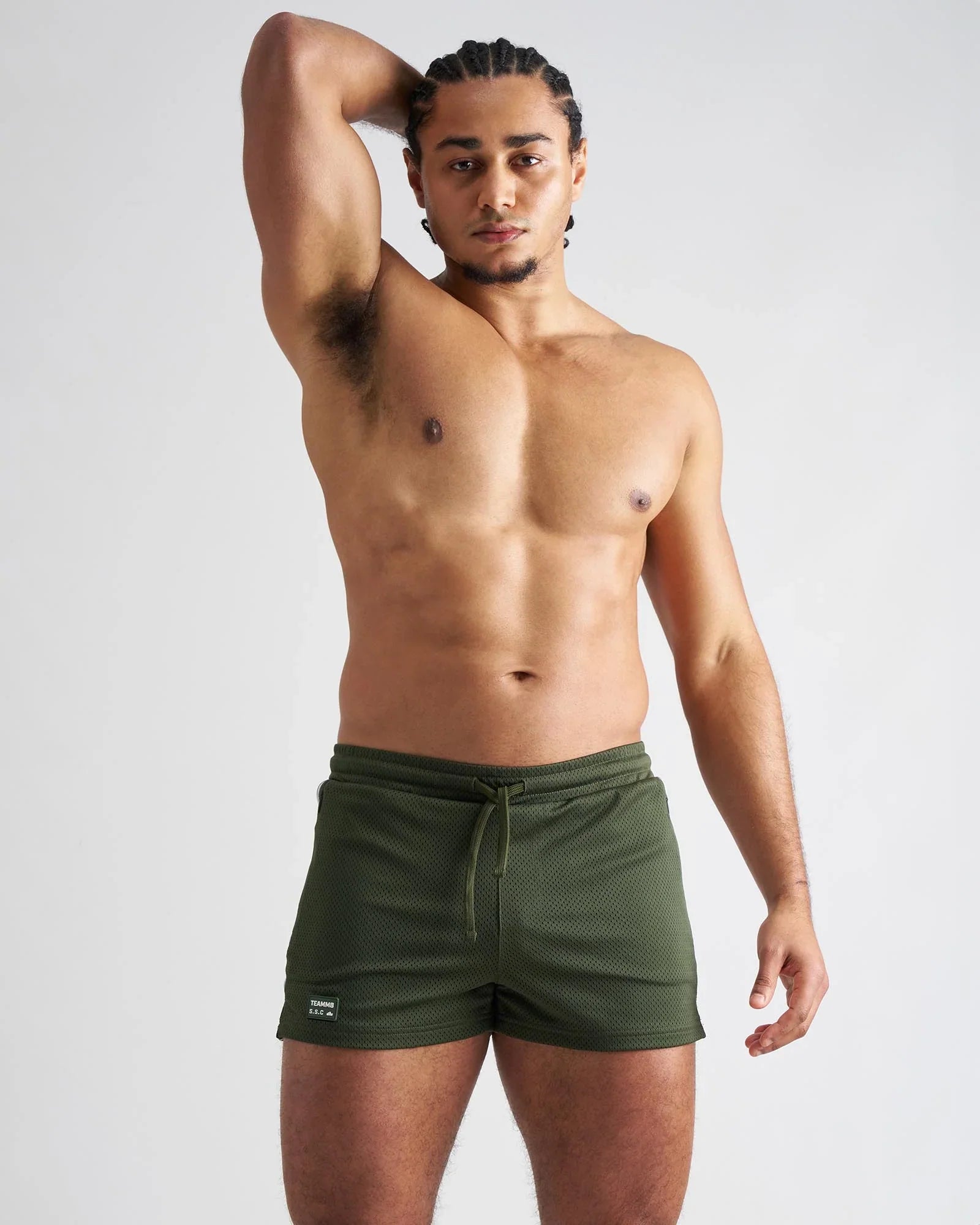 Olive green s.s.c. fraternity 3 inch mesh athletic shorts with textured fabric and drawstring waistband