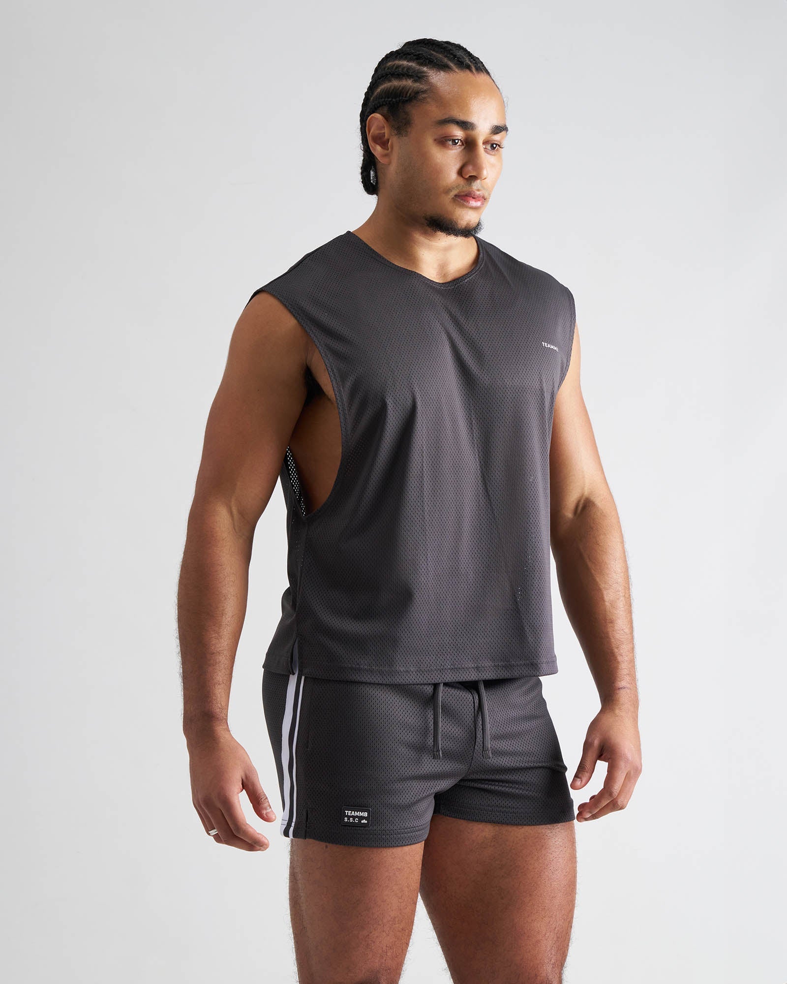Dark gray s.s.c. mesh muscle tank sleeveless athletic top with textured mesh fabric and cut-out side panels