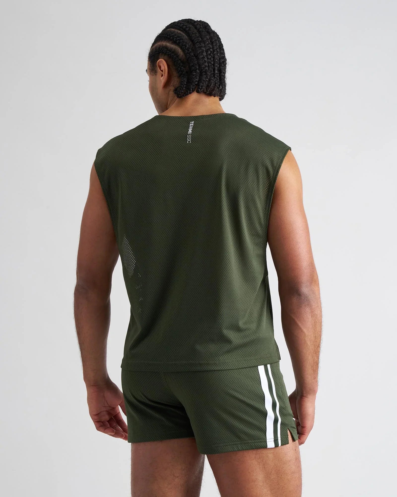 Olive green mesh sleeveless s.s.c. muscle tank with white vertical stripe detail on back and side seam visible from back