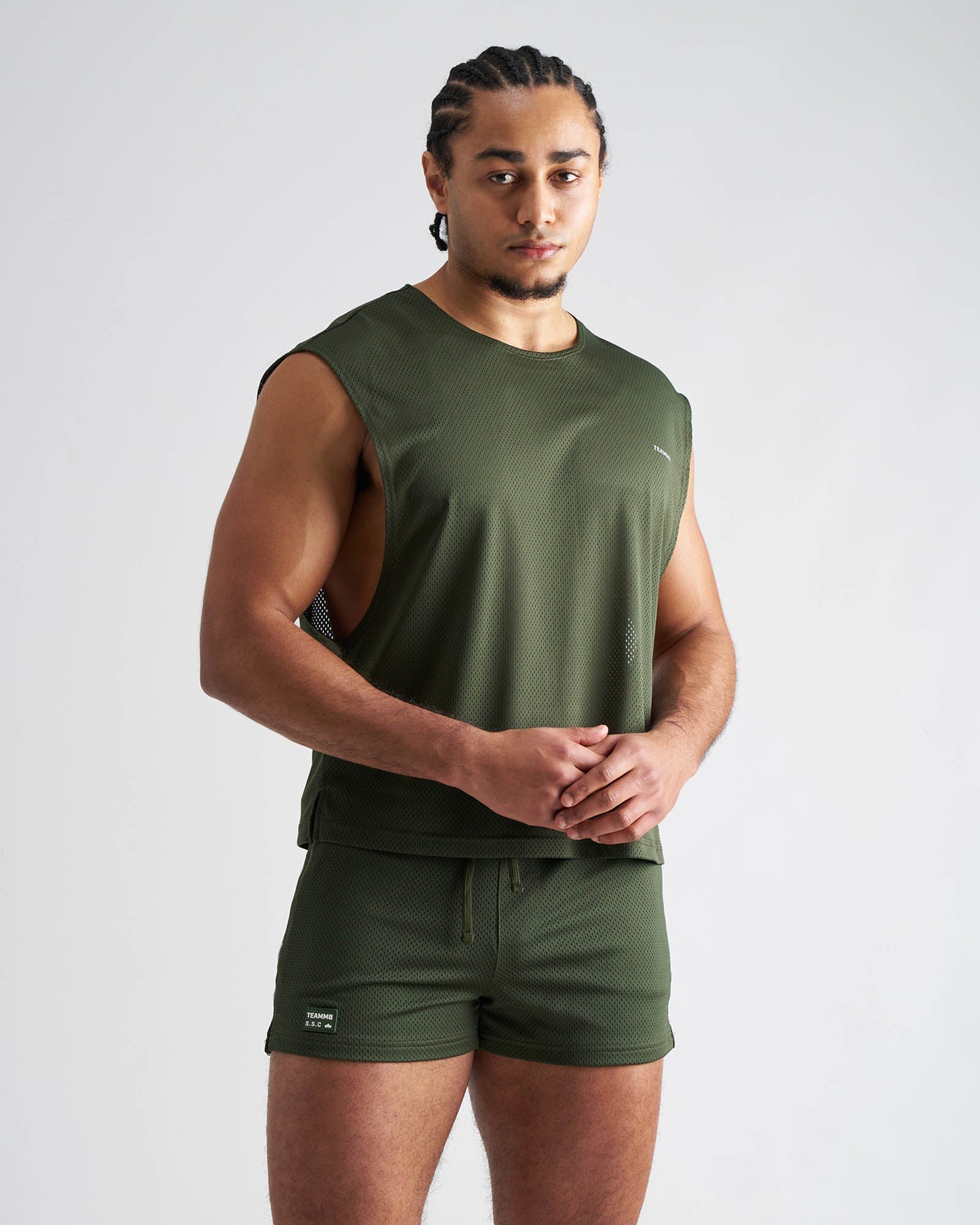 Olive green mesh sleeveless athletic top s.s.c. mesh muscle tank designed for breathable workout comfort