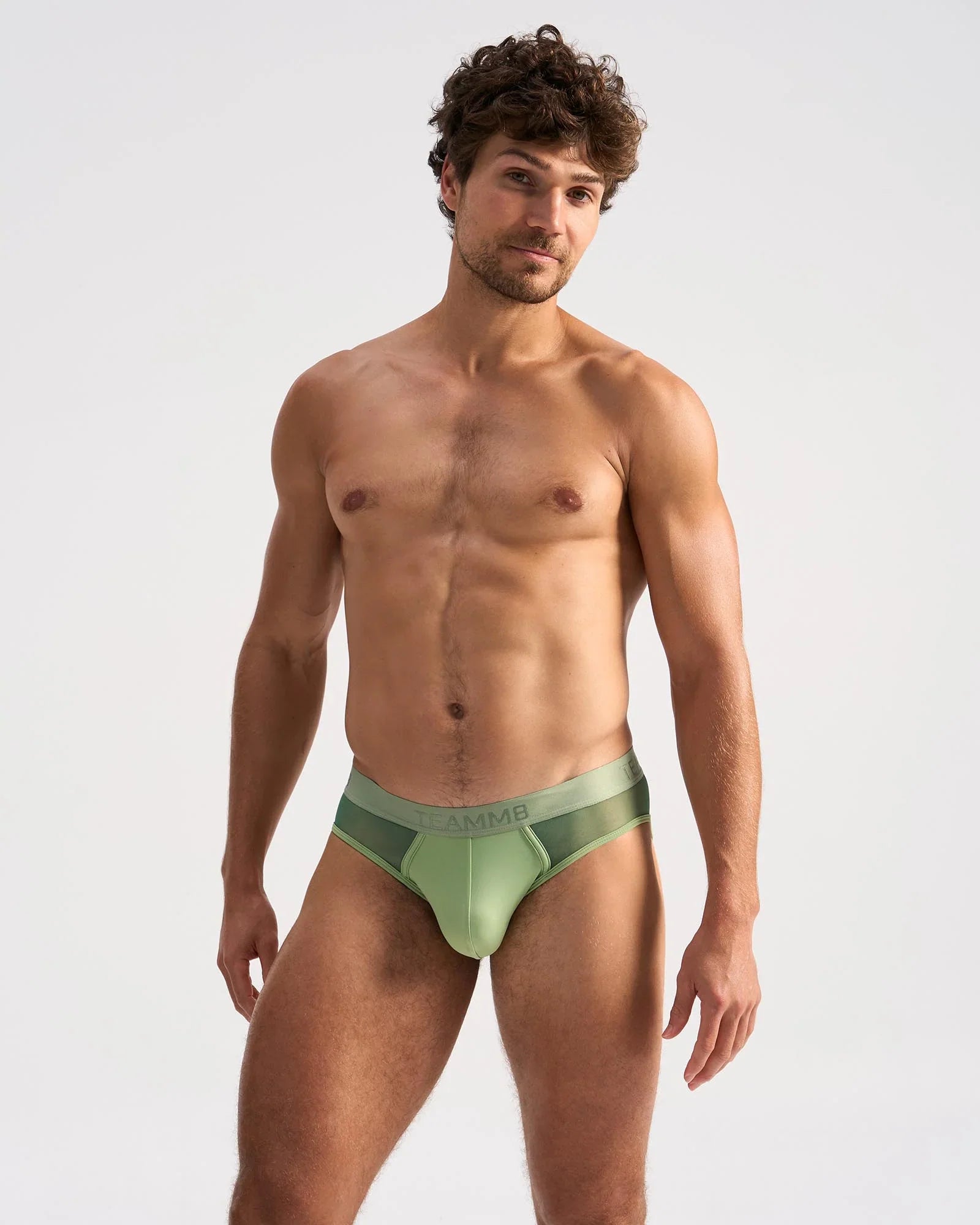 Light green score sheer brief seamless design with matching elastic waistband featuring brand name