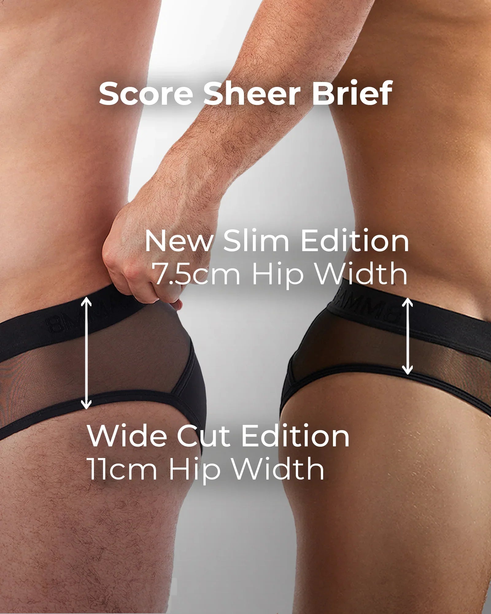 Black sheer briefs with solid waistband in new slim edition and wide cut edition styles from score sheer brief collection