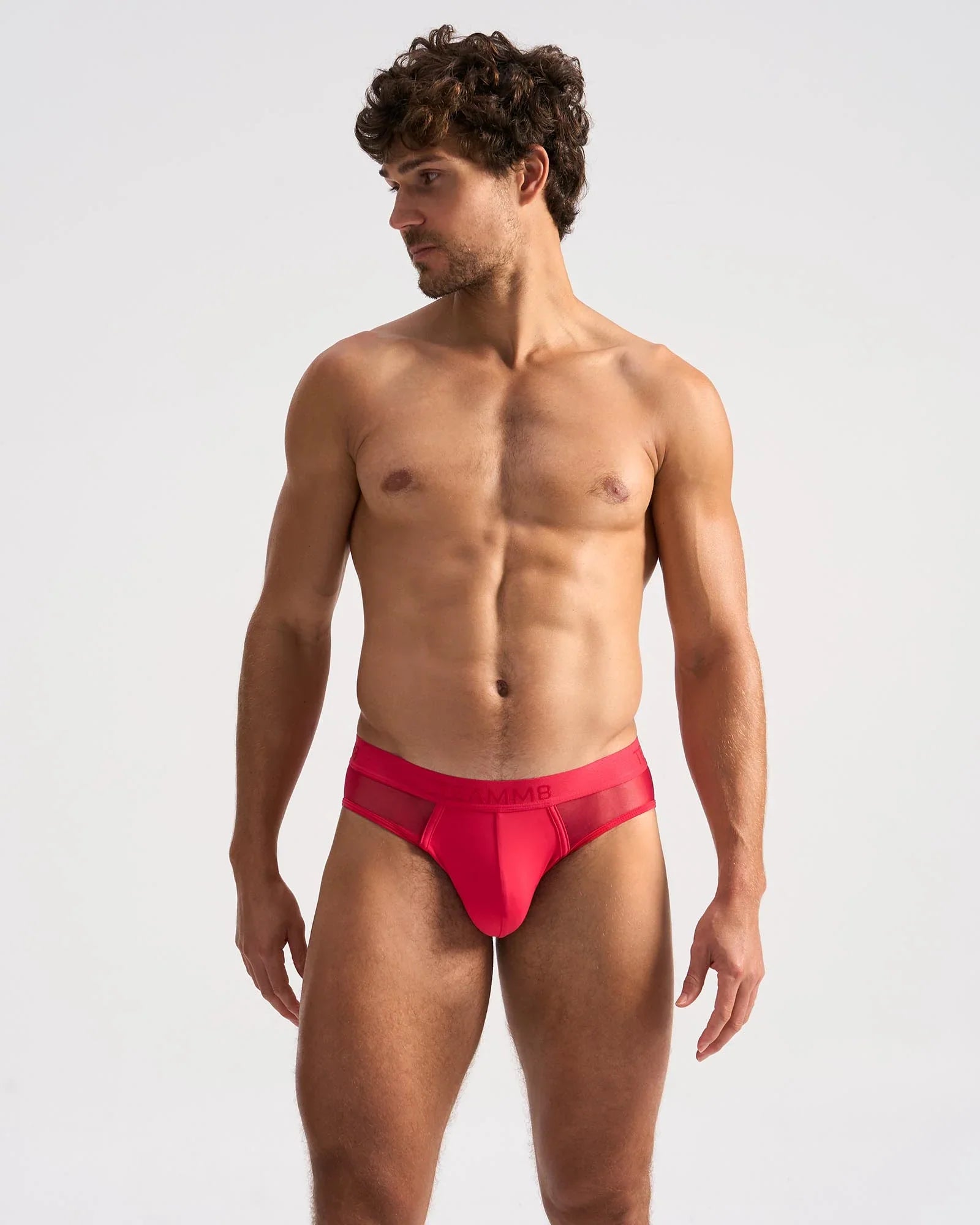 Bright red score sheer brief back side showing form-fitting briefs with a sheer mesh panel in nylon blend