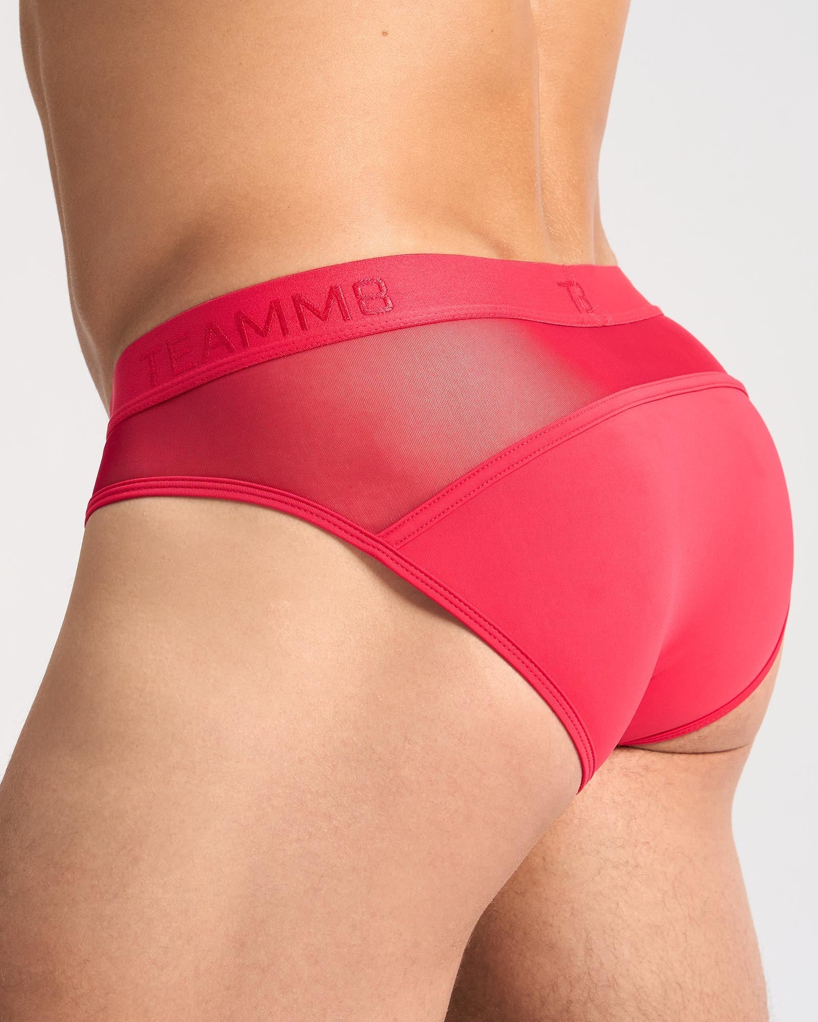 Bright red score sheer brief with solid fabric back and waistband featuring the tamm8 brand logo