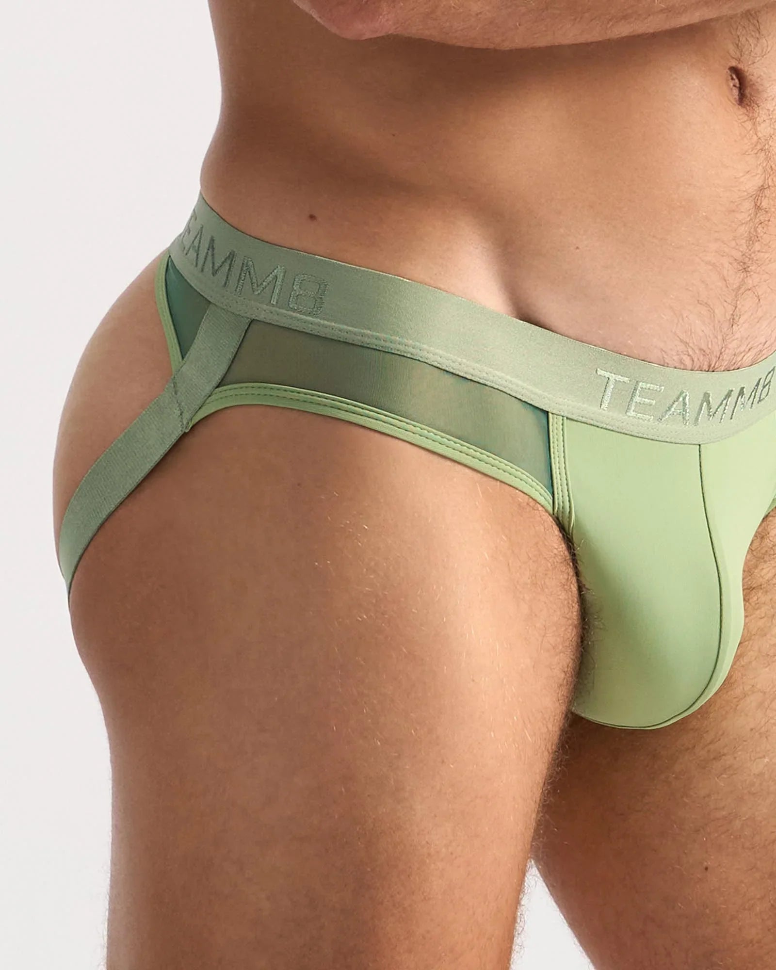 Light green teammb branded score sheer jock briefs with smooth form fitting design showing front side
