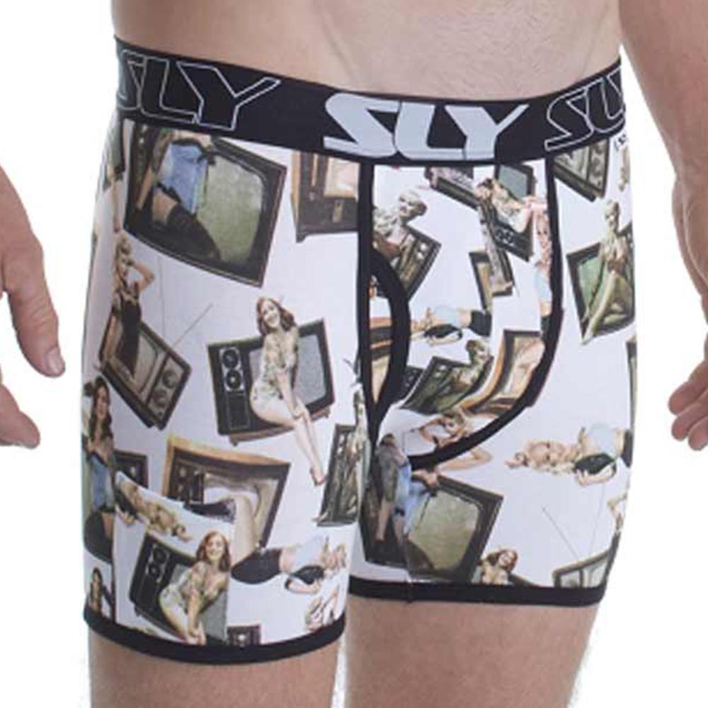 White boxer briefs with black sly waistband featuring vintage tv and pin-up women pattern sly sl-0030005w-pinups work boxer brief