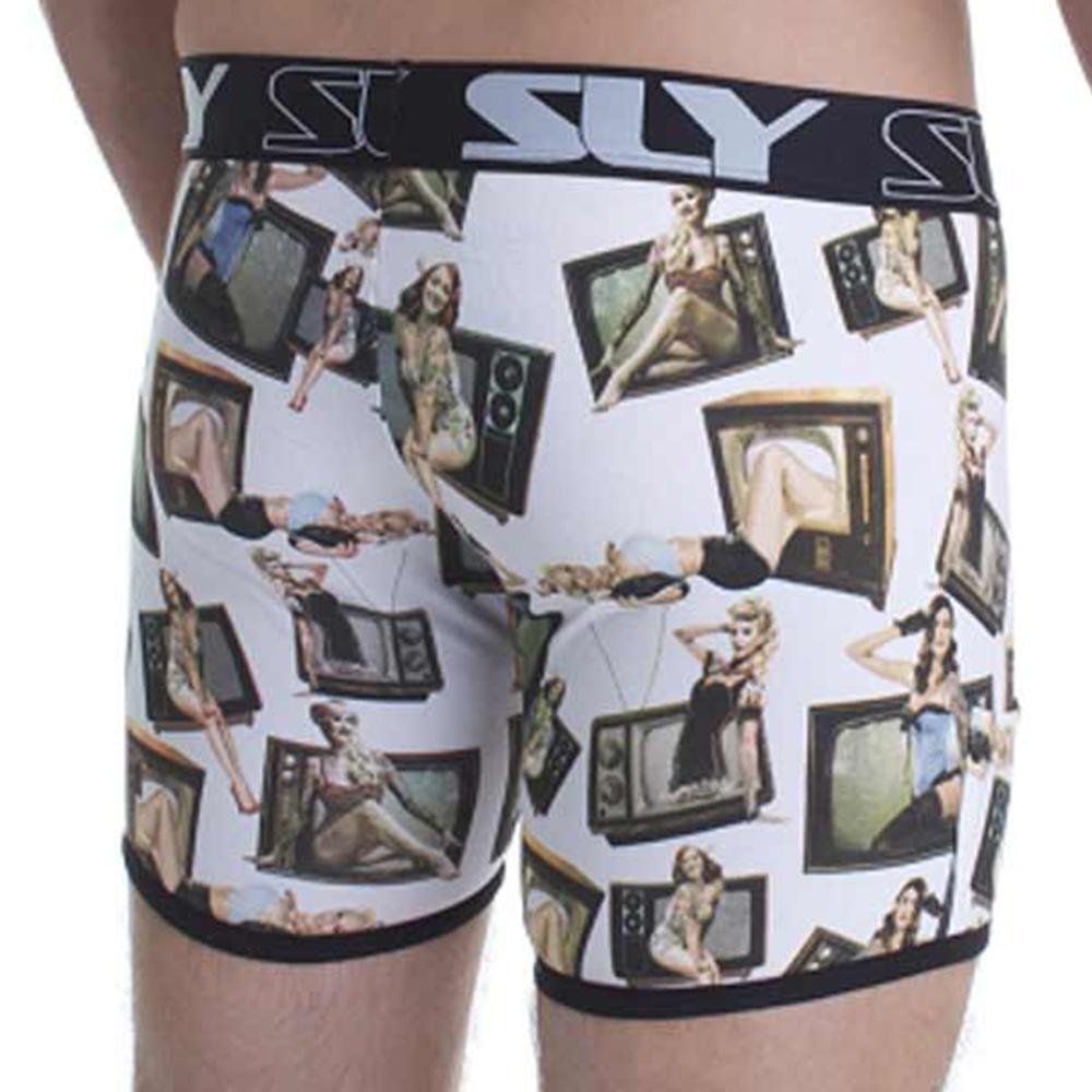 White boxer briefs sly sl 0030005w pinups with black waistband and leg bands featuring vintage pinup tv pattern