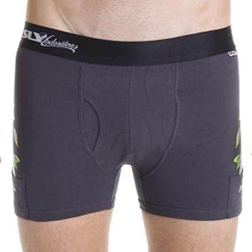 Dark gray sly sl-bulouw-louis g work boxer brief with black waistband white branding and lime green star side graphics