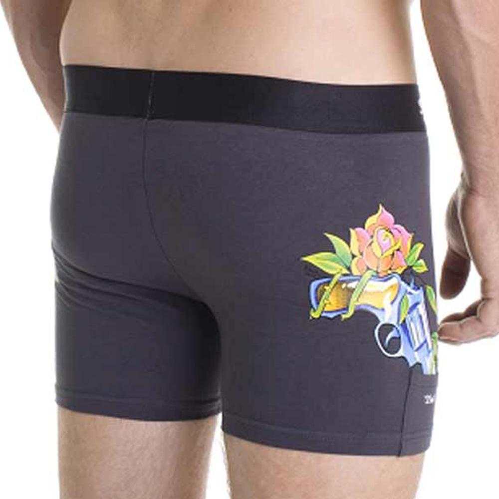 Dark gray sly sl-bulouw-louis g work boxer briefs with vibrant rose and revolver graphic in pink yellow green and blue