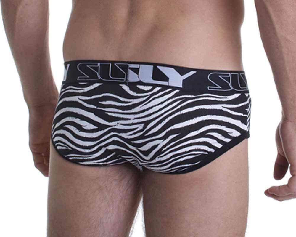 Black and white zebra-striped SLY SL-BUZEBB zebra briefs with a bold silly logo waistband for comfortable wear